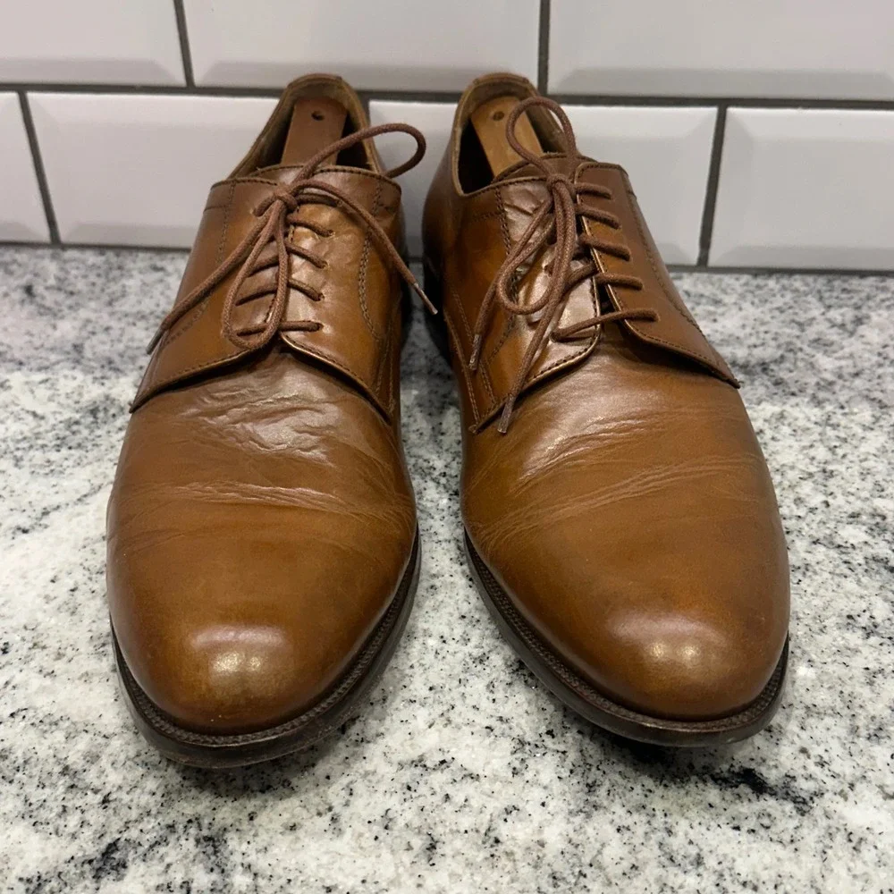 Cuoio Mens 42 Derby Shoes Tan Leather Plain Toe Made in Italy Business‎ Classic